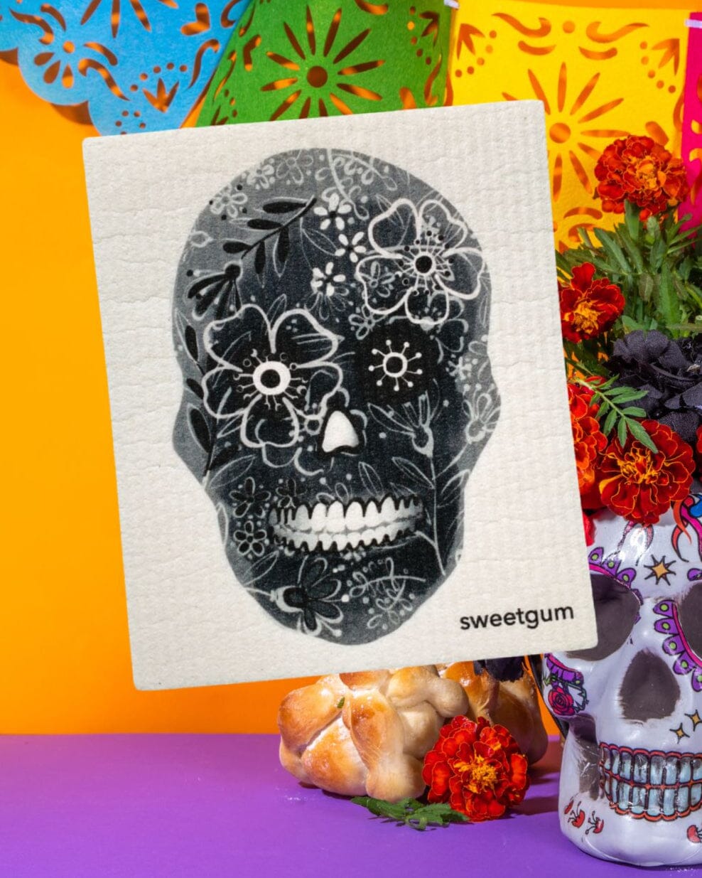 Black Flower Skull Swedish Dishcloth | Halloween & Dia de los Muertos Swedish Dishcloths sweetgum textiles company, LLC 