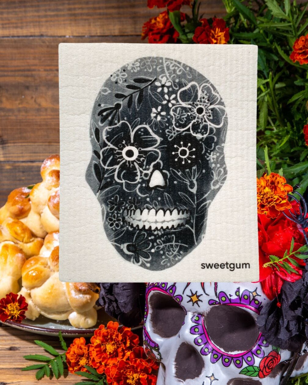 Black Flower Skull Swedish Dishcloth | Halloween & Dia de los Muertos Swedish Dishcloths sweetgum textiles company, LLC 