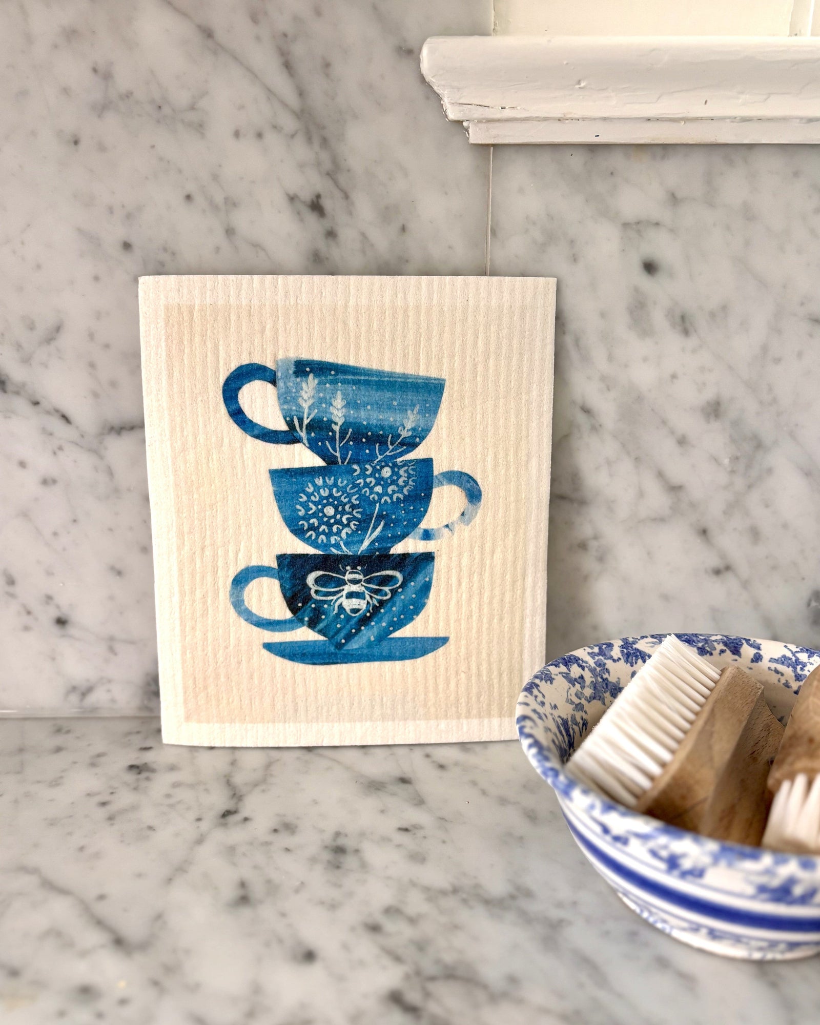Bloom in Blue Stacked Teacups Swedish Dishcloth Swedish Dishcloths sweetgum textiles company, LLC 