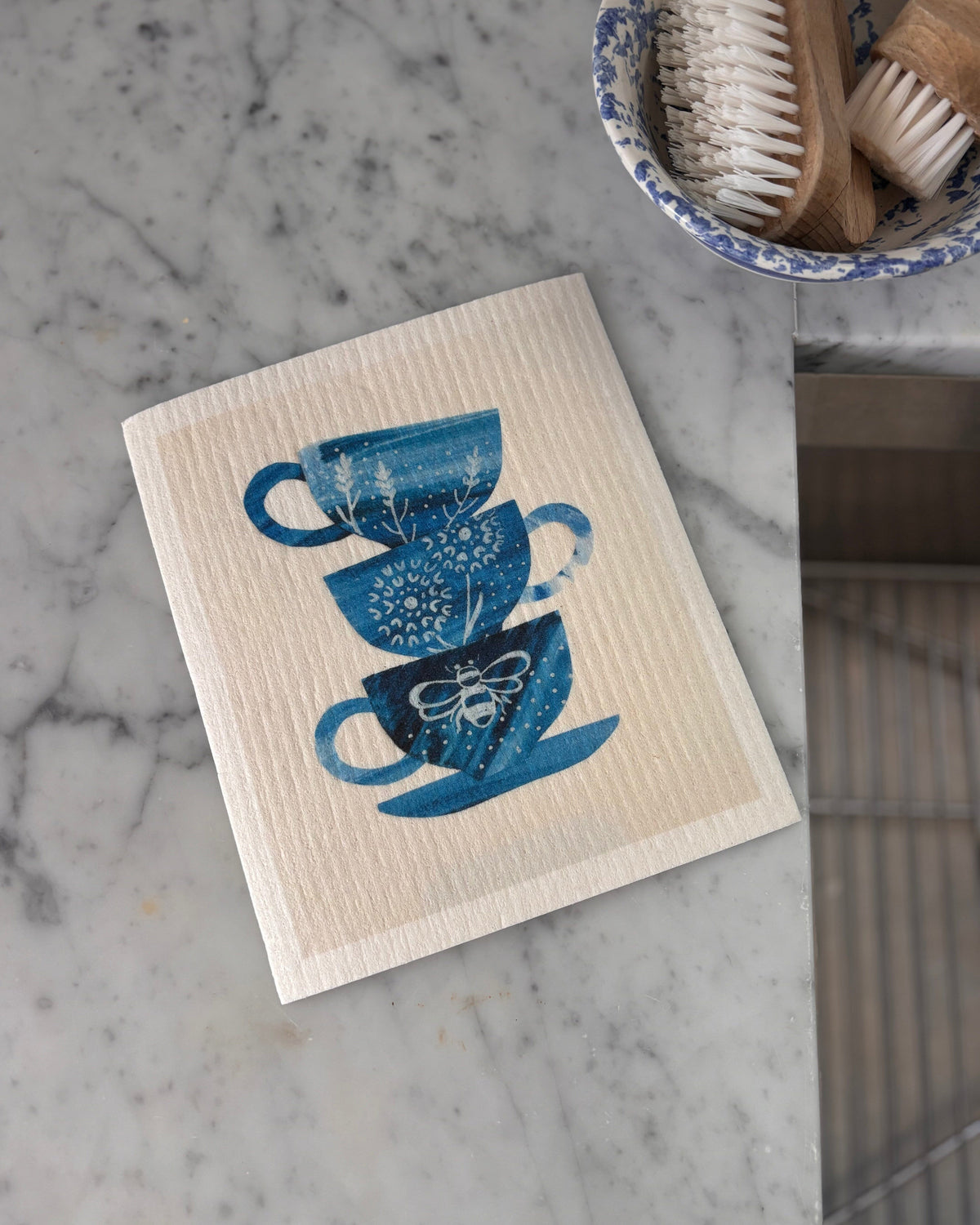 Bloom in Blue Stacked Teacups Swedish Dishcloth Swedish Dishcloths sweetgum textiles company, LLC 