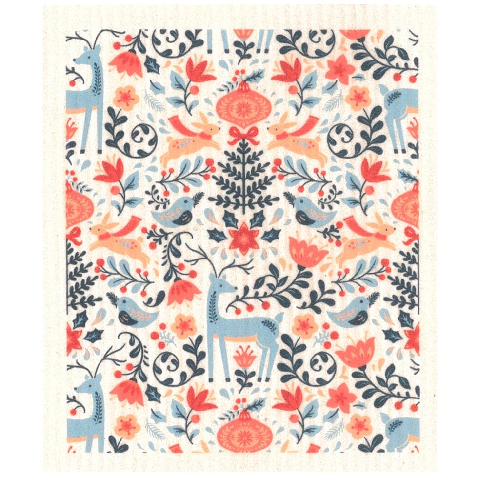 Blue Reindeer in Flowers Swedish dishcloth | Christmas & Winter Swedish Dishcloths sweetgum textiles company, LLC 