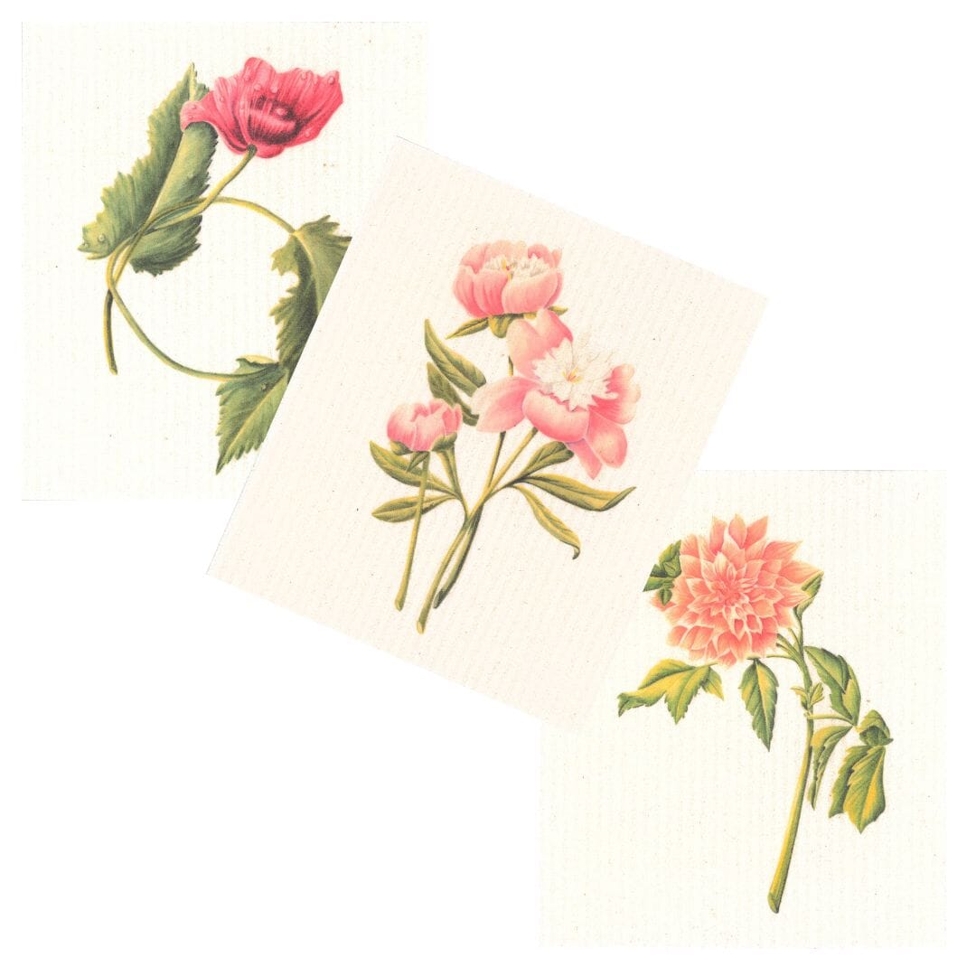Bundle of 3 Swedish Dishcloths | "Showy Blooms" Poppy Peony Dahlia by Cara Cummings Swedish Dishcloths sweetgum textiles company, LLC 