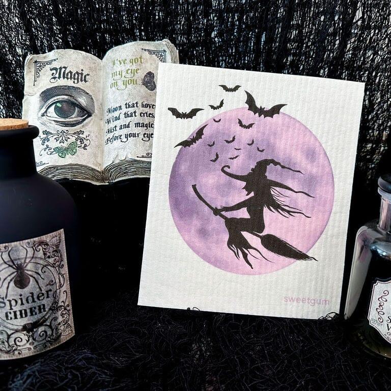 Halloween Witch and Moon Swedish Dishcloth | Purple & Black Swedish Dishcloths sweetgum textiles company, LLC 