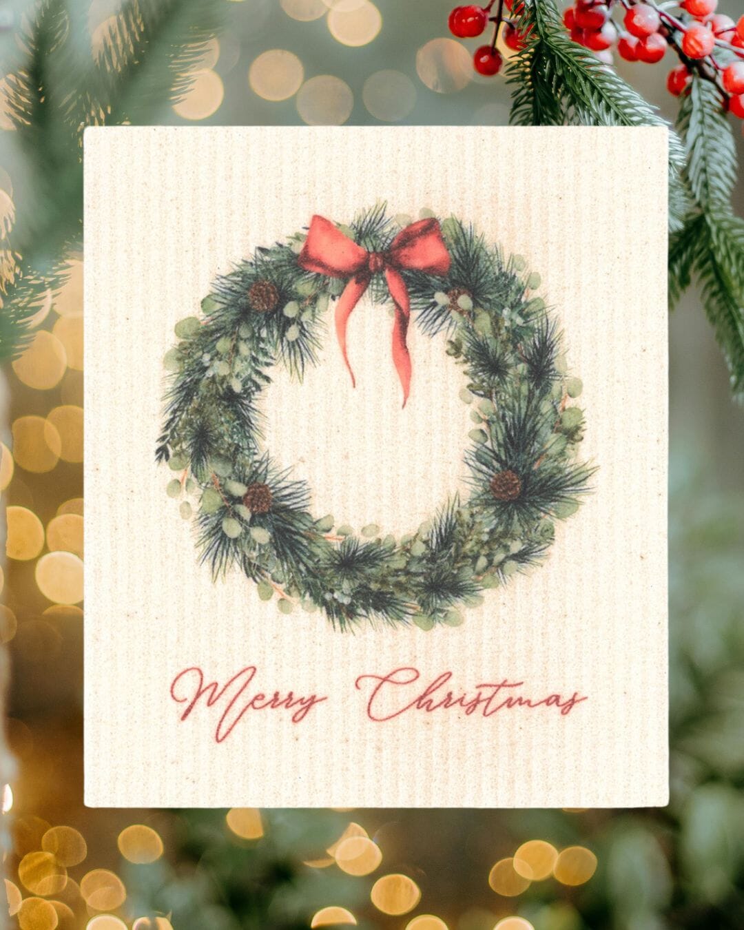 Merry Christmas Wreath with Red Bow Swedish Dishcloth Swedish Dishcloths SWEETGUM TEXTILES CO., LLC 