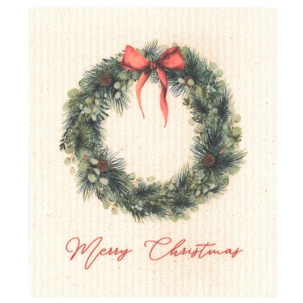 Merry Christmas Wreath with Red Bow Swedish Dishcloth Swedish Dishcloths SWEETGUM TEXTILES CO., LLC 
