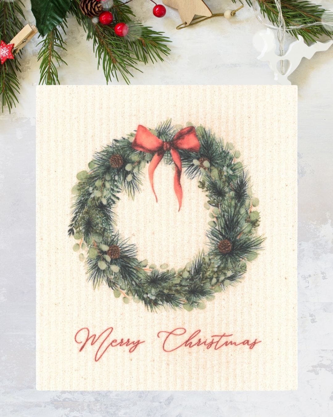 Merry Christmas Wreath with Red Bow Swedish Dishcloth Swedish Dishcloths SWEETGUM TEXTILES CO., LLC 