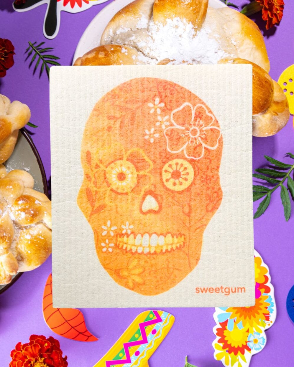Orange Flower Skull Swedish Dishcloth | Halloween & Dia de los Muertos Swedish Dishcloths sweetgum textiles company, LLC 