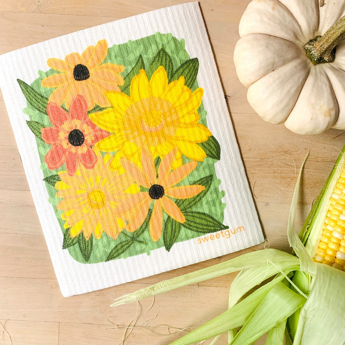 Yellow Flowers & Leaves Swedish Dishcloth | Sweetgum Home Swedish Dishcloths sweetgum textiles company, LLC 