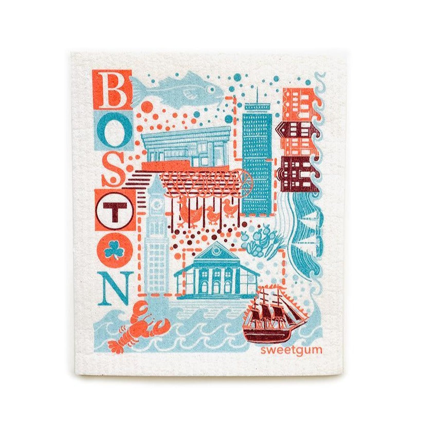 Boston Swedish Dishcloth | Blue/Coral/Teal | 8" x 6.75" | Sweetgum Swedish Dishcloths SWEETGUM TEXTILES CO., LLC 