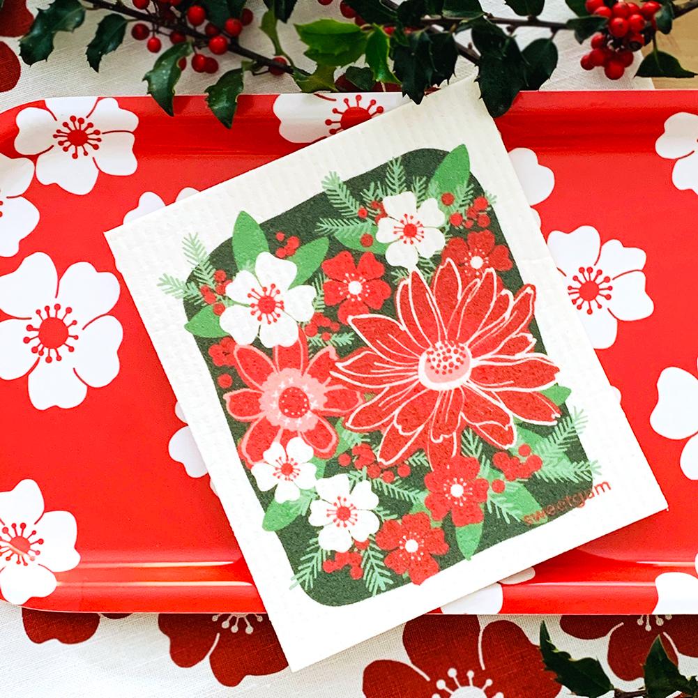 Christmas Flowers Swedish Dishcloth | Pink Red Green | Sweetgum Swedish Dishcloths sweetgum textiles company, LLC 