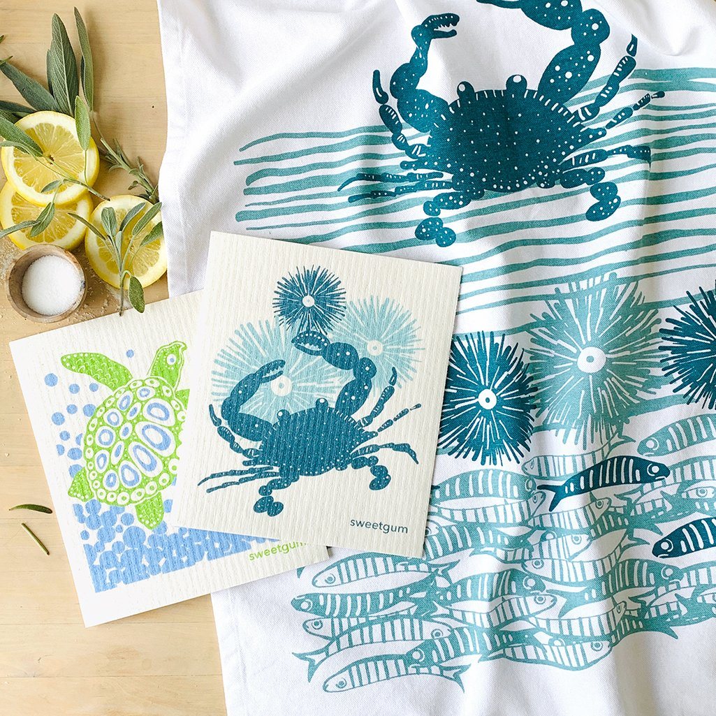 Crab Tea Towel + 2 Swedish Dishcloths Bundle Tea Towel sweetgum textiles company, LLC 