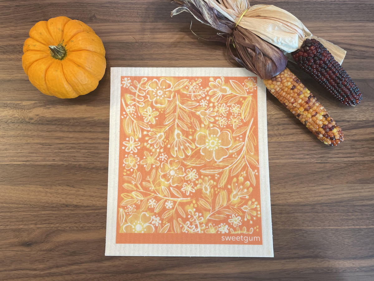 Flowers & Leaves Swedish Dishcloth | Orange | Sweetgum Home Swedish Dishcloths sweetgum textiles company, LLC 
