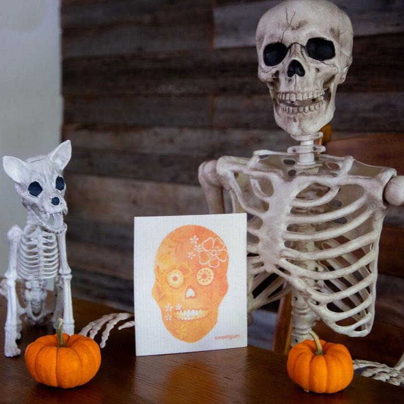 Halloween Skull Swedish Dishcloth | Orange Swedish Dishcloths sweetgum textiles company, LLC 