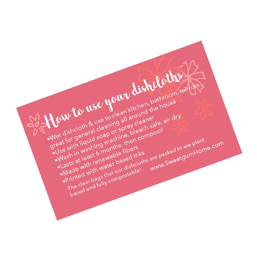 Information cards explaining dishcloths sweetgum textiles company, LLC 