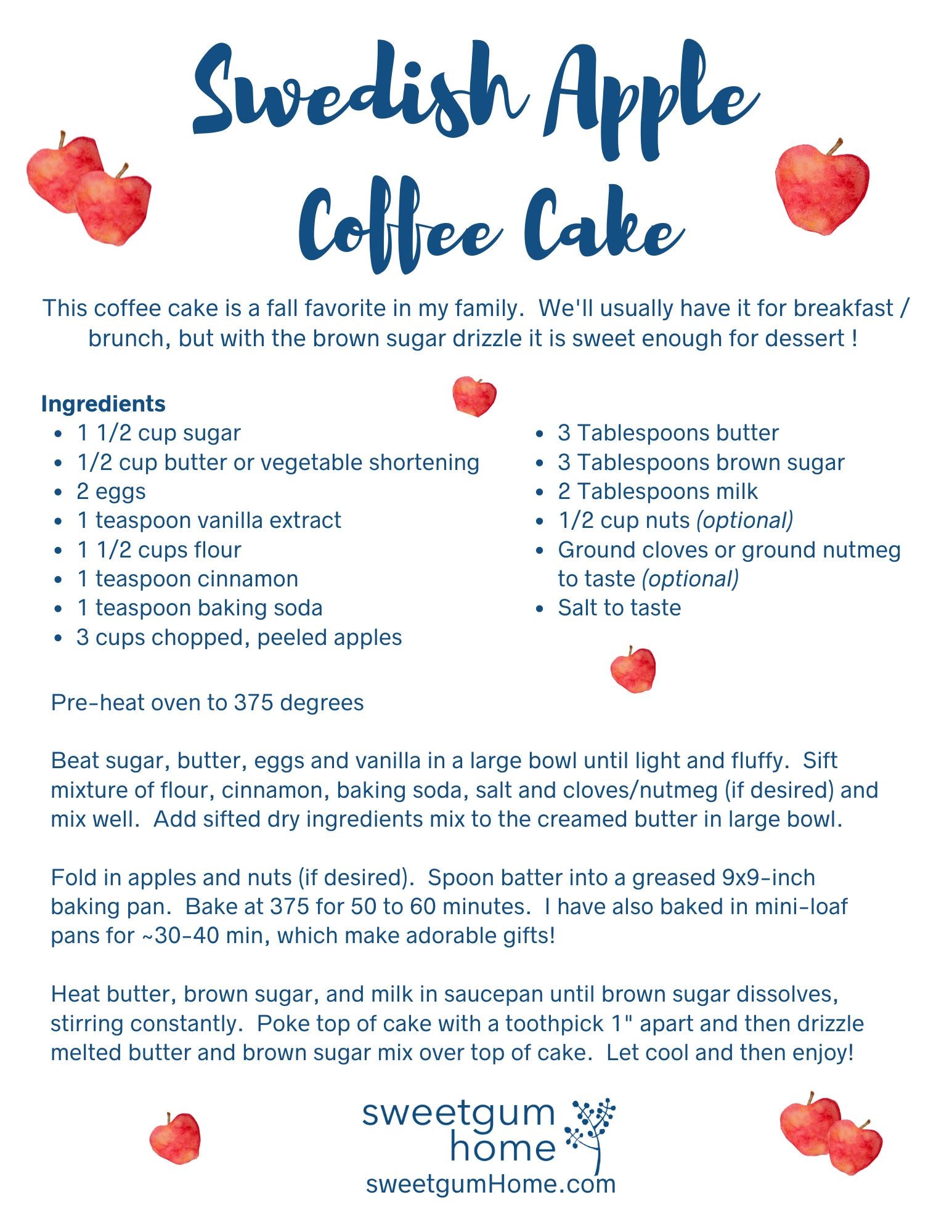 Swedish Apple Coffee Cake Recipe Recipe sweetgum textiles company, LLC 